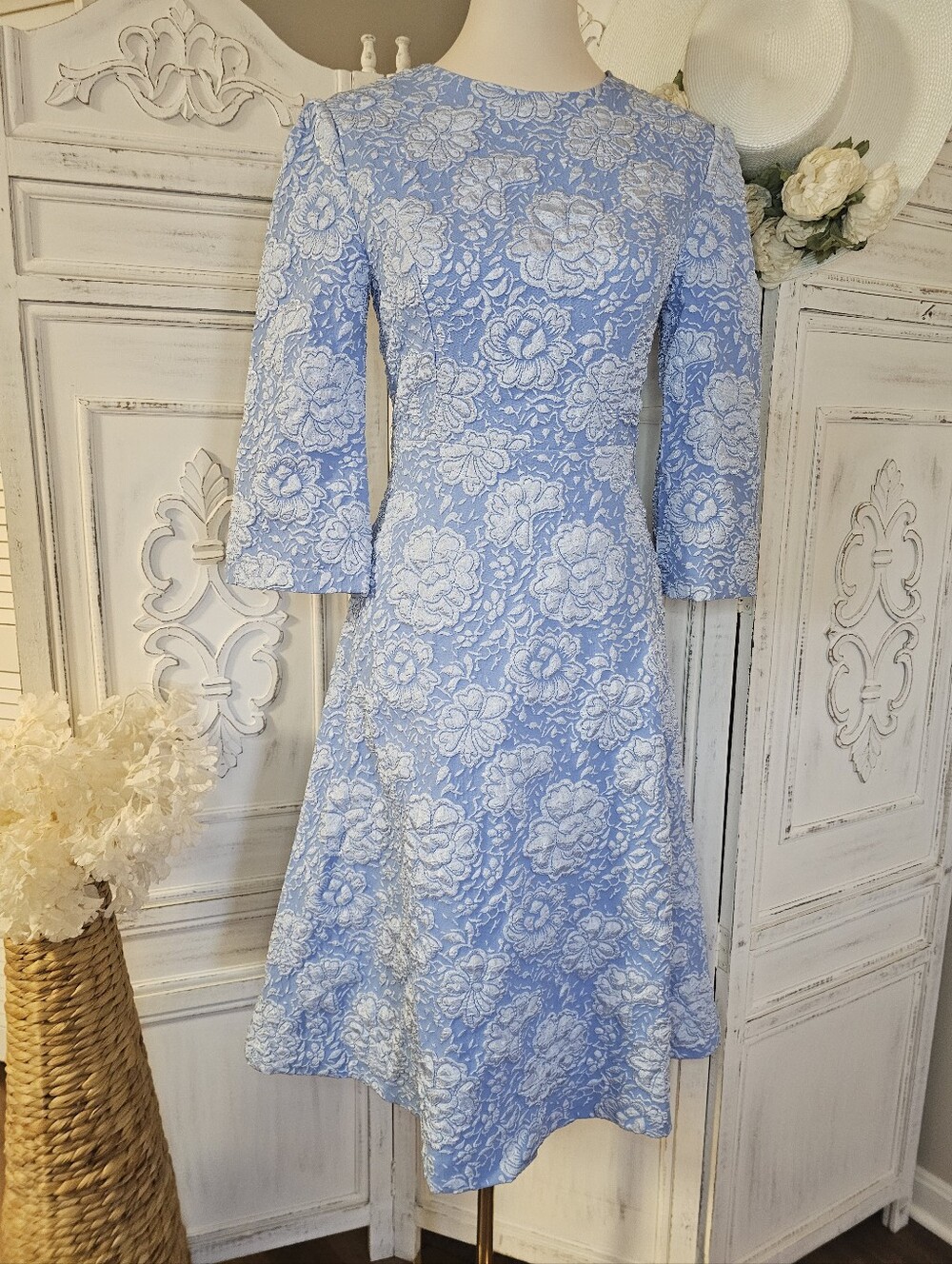 Fehaute Light Blue Floral Jacquard Vintage Inspired Midi A-Line Cocktail Dress